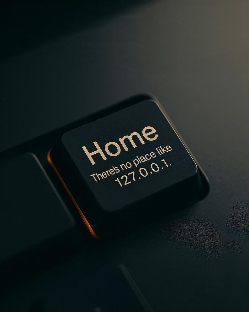 May include: A black computer keyboard key with the word Home printed in white, followed by the text There's no place like 127.0.0.1. The key has a smooth, matte finish and is positioned among other dark keys on a standard computer keyboard.