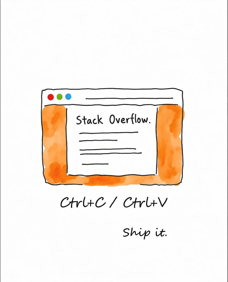 May include: A hand-drawn illustration of a browser window displaying the text Stack Overflow, surrounded by an orange watercolor border. Below the window, the text reads Ctrl+C / Ctrl+V and Ship it. The drawing uses black ink outlines.