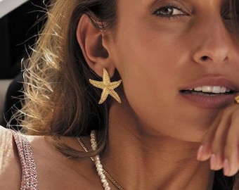 Starfish Stud Earrings, 18K Gold Plated Stainless Steel, Anti Allergic Metal Waterproof Statement Jewelry for Women, Summer Vibes Jewelry