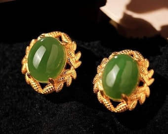 Jade Earrings, Green Earrings, Classical Ancient Gold Craft Earrings, Court Style, Exquisite Gold Leaf Studs for Women, Gift for Her