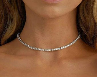 Moissanite Diamond Tennis Necklace, 925 Sterling Silver, Plated 14k Gold, Choker Necklace, Collar Chain Adjustable, Gift For Her, Birthday