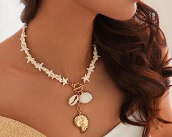 Starfish Necklace, Shell Necklace, Beach Choker Necklace, Baroque Pendant Necklace, Summer Boho Jewelry for Women, Perfect Summer Gift