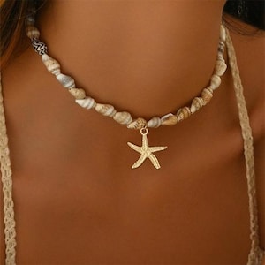 Natural Seashell Beaded Necklace, Handmade Tropical Starfish Pendant, Ocean-Themed Fashion Choker, Fashionable Summer Jewelry for Women