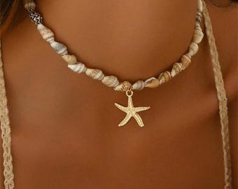 Natural Seashell Beaded Necklace, Handmade Tropical Starfish Pendant, Ocean-Themed Fashion Choker, Fashionable Summer Jewelry for Women