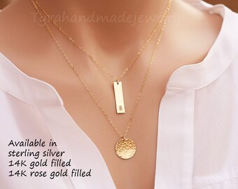 Initial bar necklace,Monogram jewelry,double layer necklace,hammered disc Bar necklace,monogram necklace,hand stamped initial,font choices