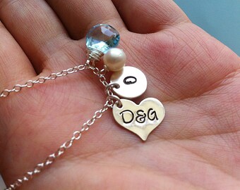Personalized Heart necklace,couple initials heart,custom font,hand stamped monograms,custom birthstone,Valentines Day gift,Anniversary gift,