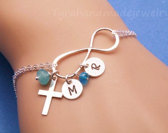 Large infinity cross bracelet,initial bracelet,custom birthstone,hand stamped initial,font choice,Family Initials,mother bracelet,faith