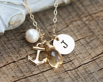 Personalized anchor necklace,hand stamped initial,Hope strength anchor,Navy wife gift,custom font and birthstone,ocean theme,bridesmaid gift