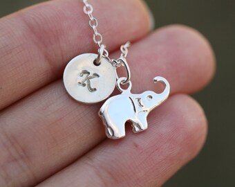 Sterling Silver Lucky Elephant necklace,initial Necklace,monogram necklace,hand stamped initial,font choices,best friend gift,Sisters gift