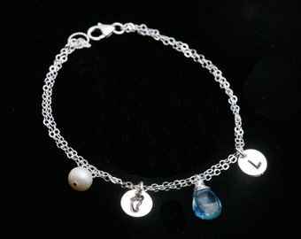 Baby shower bracelet,custom initial birthstone bracelet,hand stamped monogram,baby feet,new mother gift,custom font monogram,mom and baby