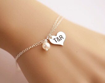 Two become one,Heart initial bracelet,sterling silver custom monogram bracelet,custom font,anniversary gift,wedding jewelry,mother jewelry
