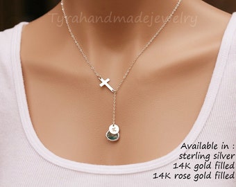 Personalized cross necklace,initial necklace,custom font stamped monogram,custom birthstone lariat,Y necklace,Godmother gift,Mother day gift
