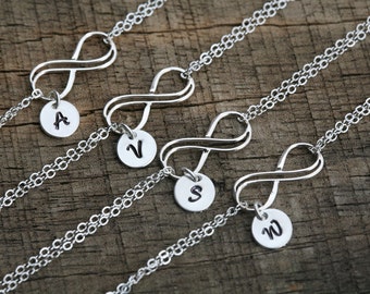 Set of 4,Double infinity bracelet,initial bracelet,Hand stamped monogram.custom font,Bridesmaid gift,Wedding bridal Jewelry,Sisterhood gift