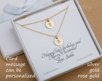 Silver Double Layer initial necklace,custom font monograms,hand stamped couple initials,sisters jewelry,mother and baby,personalized card