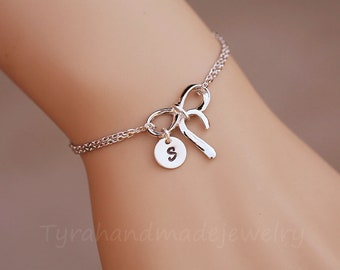 Infinity bow initial bracelet,Monogram knot bracelet,hand stamped charm,custom font,note card,Bridesmaid gift,bridal party,graduation gift