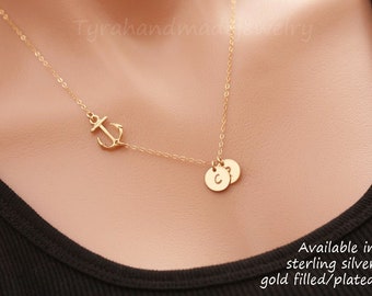 Personalized Gold Anchor initial Necklace,Anchor monogram,custom font,Sailors Anchor,Wedding Jewelry,Bridesmaid gifts,strength hope anchor