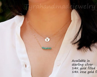 Double Layer Turquoise initial necklace,gemstone bar necklace,hand stamped monogram,custom font,Layering Necklace,Custom birthstone,birthday