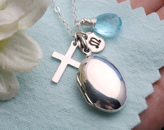 Silver locket necklace,custom initial cross necklace,hand stamped monogram,custom font,custom birthstone,Blessed,photo locket,anniversary
