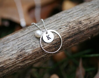 Personalized Karma circle necklace,initial necklace,custom font monogram,bridesmaid gift,wedding Jewelry,pearl jewelry,best friend gift