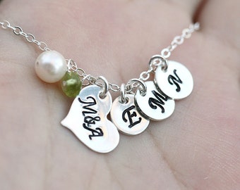 Couple initial heart necklace,Family monogram necklace,custom birthstone,font choice,Grandma necklace,Mother gift,hand stamped initial