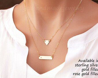 Double layer triangle bar necklace,Double side engraving,initial nameplate bar,coordinates bar,bible verse bar,wedding date bar,custom font