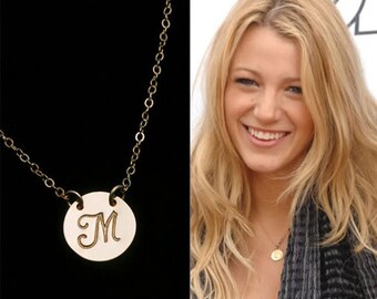 Large initial disc necklace,large monogram necklace,Celebrity initial jewelry,Bridesmaid gift,Wedding Jewelry gift,hand stamped,custom note