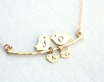 Kissing bird on the tree,Gold Bird Necklace,Grandma,Mother Jewelry,Initial necklace,Mother's day,Family Bird,Lariat Sterling Silver Necklac