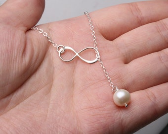 Infinity necklace,Figure eight,Infinity pearl lariat necklace,Y necklace,Freshwater pearl,bridesmaid gift,wedding bridal jewelry