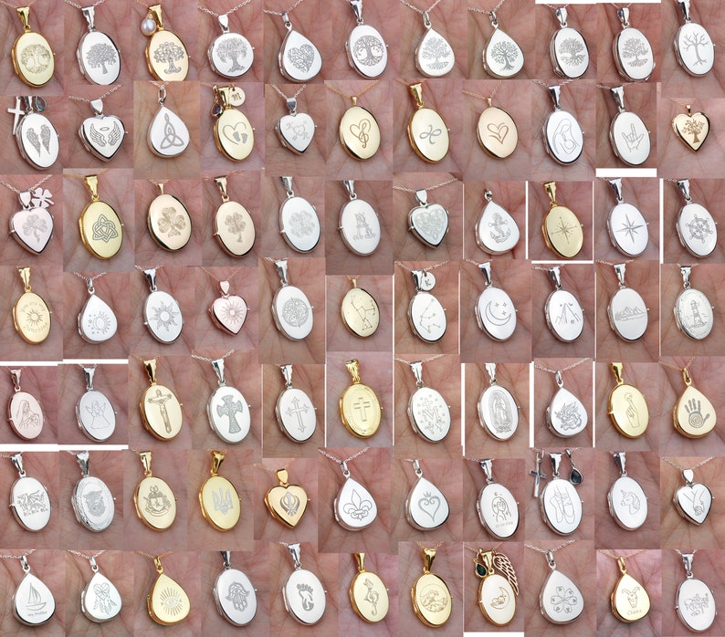 May include: A collection of 48 silver and gold oval locket pendants with various engraved designs. The lockets are on chains and feature designs such as trees, hearts, crosses, stars, and footprints.
