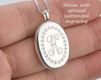 Collana con medaglione ovale in argento sterling, ciondolo con corona d'alloro con iniziale incisa, regalo di gioielli personalizzati