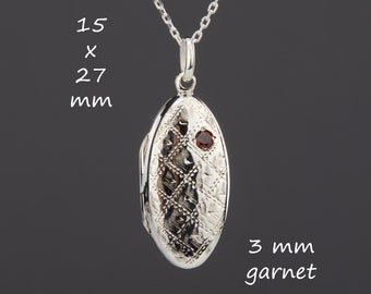 Long oval sterling silver photo locket with garnet,oblong silver locket cross etched pattern,memorial locket ,January birth locket gift
