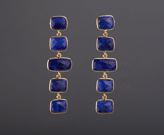 Five Sapphire stone earring,long dangle stone chain,deep blue sapphire,long drop,September birthday gift,mother gift,anniversary earrings
