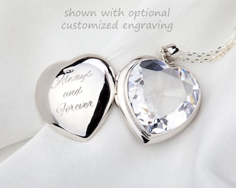 Large crystal heart sterling silver locket with photo,memorial locket,Rhodium plated,remembrace gift,mother day locket,Valentine Day locket