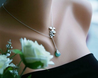 Custom Birthstone and initial,orchid flower lariat sterling silver necklace, bridesmaid gifts, birthday gift,wedding jewelry