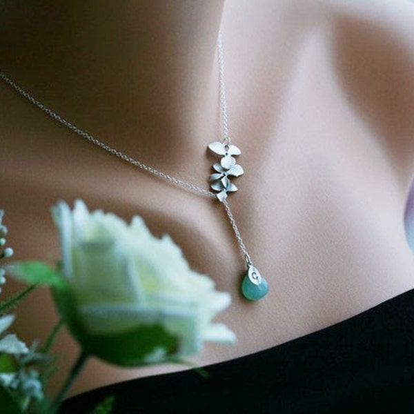 Custom Birthstone and initial,orchid flower lariat sterling silver necklace, bridesmaid gifts, birthday gift,wedding jewelry