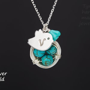 Mother bird nest necklace,Original Signature Design,Lovely Bird and Nest Turquoise Jasper Eggs sterling silver Necklace,mother&#39;s day gift