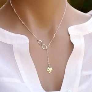 Klavertje vier Infinity Lariat Y ketting, klaver ketting, Infinity klaver, Beste vriend cadeau, St Patricks Day cadeau, zusterschap, geluksbrenger