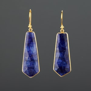 Orecchino a forma di cravatta lunga in zaffiro blu profondo, orecchino di pietra preziosa grande, orecchino a goccia pendenti, regalo di compleanno di settembre, regalo madre, carta di gioielli personalizzata