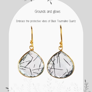 Pendiente grande de cuarzo rutilado, cuarzo turmalina negra facetada, cuarzo rutilado en forma de lágrima, piedra preciosa natural, regalo de cumpleaños, regalo de aniversario
