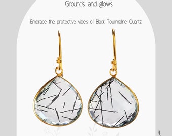 Large rutilated quartz earring,faceted black tourmaline quartz,teardrop rutilated quartz,nature gemstone,birthday gift,anniversary gift