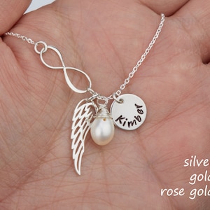 Silver/Gold/Rose gold Personalized infinity Angel wing Necklace,initial necklace,graduation gift,bird wing,mother&#39;s day gift