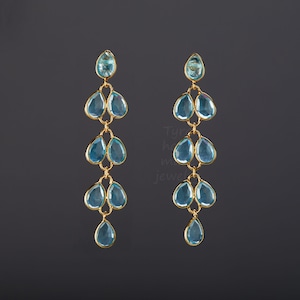 Fünf-Tier-Topas blau Quarz-Ohrring, lange baumeln Topas blau Quarz, blaue Quarz Blattblatt, Weiden Zweig Ohrring, Mutter Geschenk, Jubiläumsgeschenk