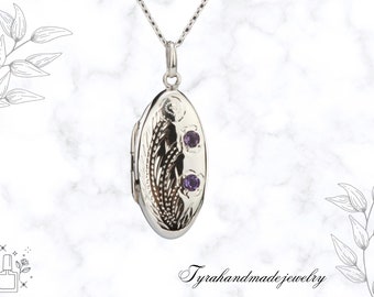 Oblong sterling silver photo locket with two amethyst,long oval locket with etched Floral pattern,memorial locket necklace,anniversary gift