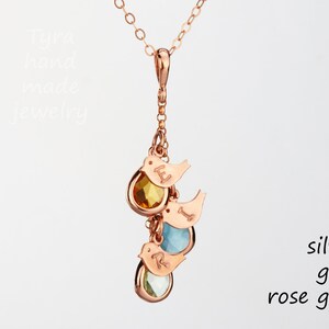 Colar de família de pássaros, pedra personalizada e iniciais, prata/ouro/ouro rosa presente de aniversário, presente de dia das mães, presente de aniversário, cartão de nota personalizado