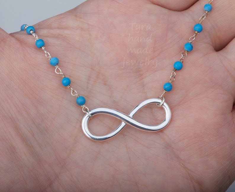 Beaded turquoise Infinity necklace,beaded gemstone necklace,infinity custom gemstones,Gold figure eight necklace,Mother Jewelry,best friend image 3