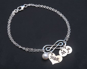 Double Infinity initial bracelet,initial heart bracelet,couple initial,monogram bracelet,Mother jewelry,Grandma,custom font,anniversary gift