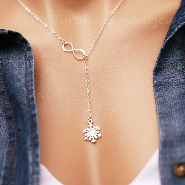 Sterling silver snowflake lariat necklace,snowflake infinity necklace,Winter wedding Bridesmaid gift,Xmas snowflake gift,custom message card