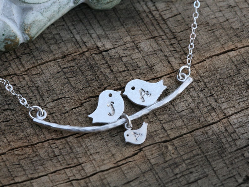 Bird Initial Necklace,family monogram necklace,Kissing bird on tree branch,Grandma gift,Mother Jewelry,Mother's day gift,custom note card image 1