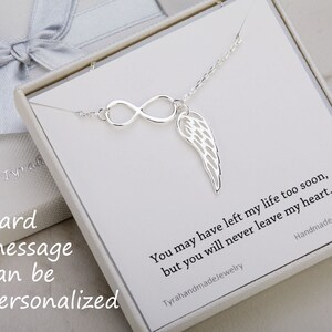 Infinity Angel Wing necklace,parent memorial gift,Memorial wing necklace,family remembrance gift,Bridesmaid gift,Wedding Jewelry,child loss, silver with card