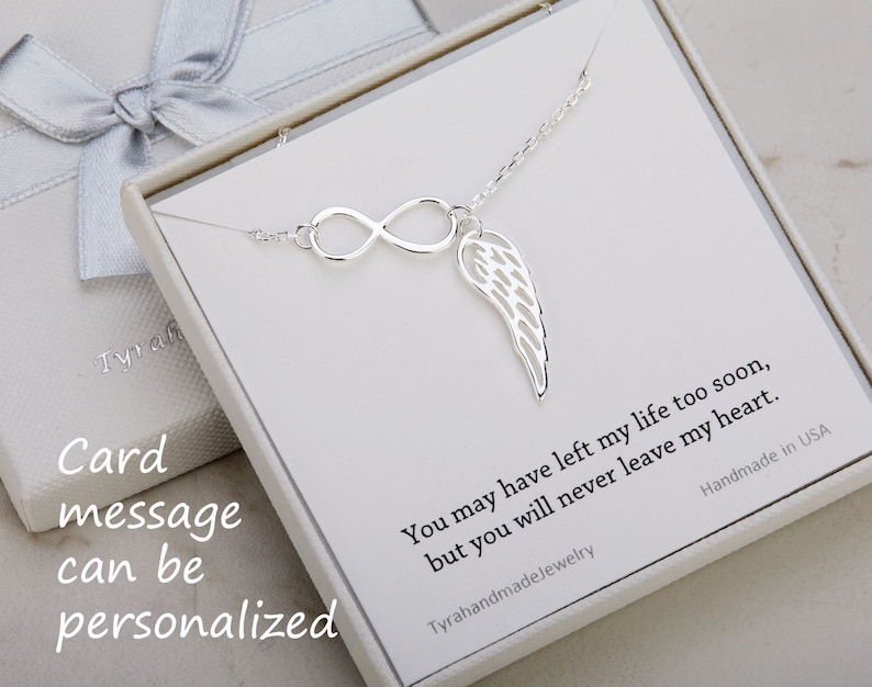 Infinity Angel Wing necklace,parent memorial gift,Memorial wing necklace,family remembrance gift,Bridesmaid gift,Wedding Jewelry,child loss, silver with card